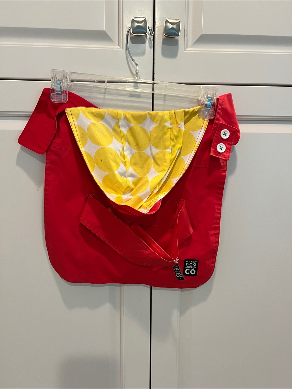 Old Navy Red Dog Rain Jacket with Yellow Polka-Dot Hood Lining